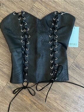Revice Faux Leather The Siren Lace Up Black Corset Top Small